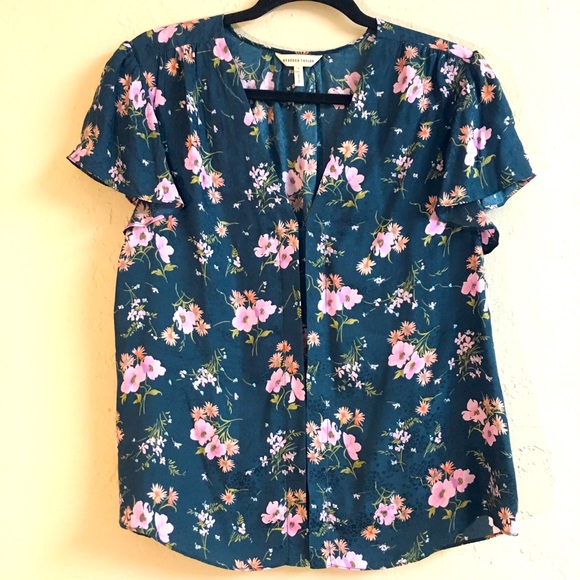 Rebecca Taylor 100% Silk Flutter Sleeve Blouse Size 12 Floral Green Pink V- neck - Picture 1 of 8